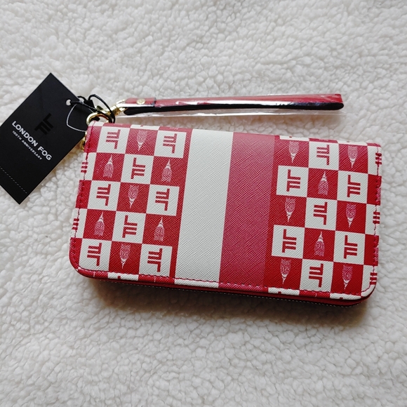 London Fog Adalia red & white zip around wallet wristlet - vegan leather - Picture 2 of 8